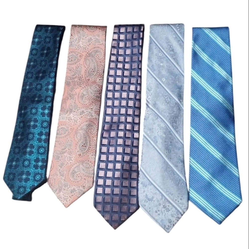 Paul Frederick Lot Of 5 Silk Ties Mostly Blue Coral Pink Fun Prints